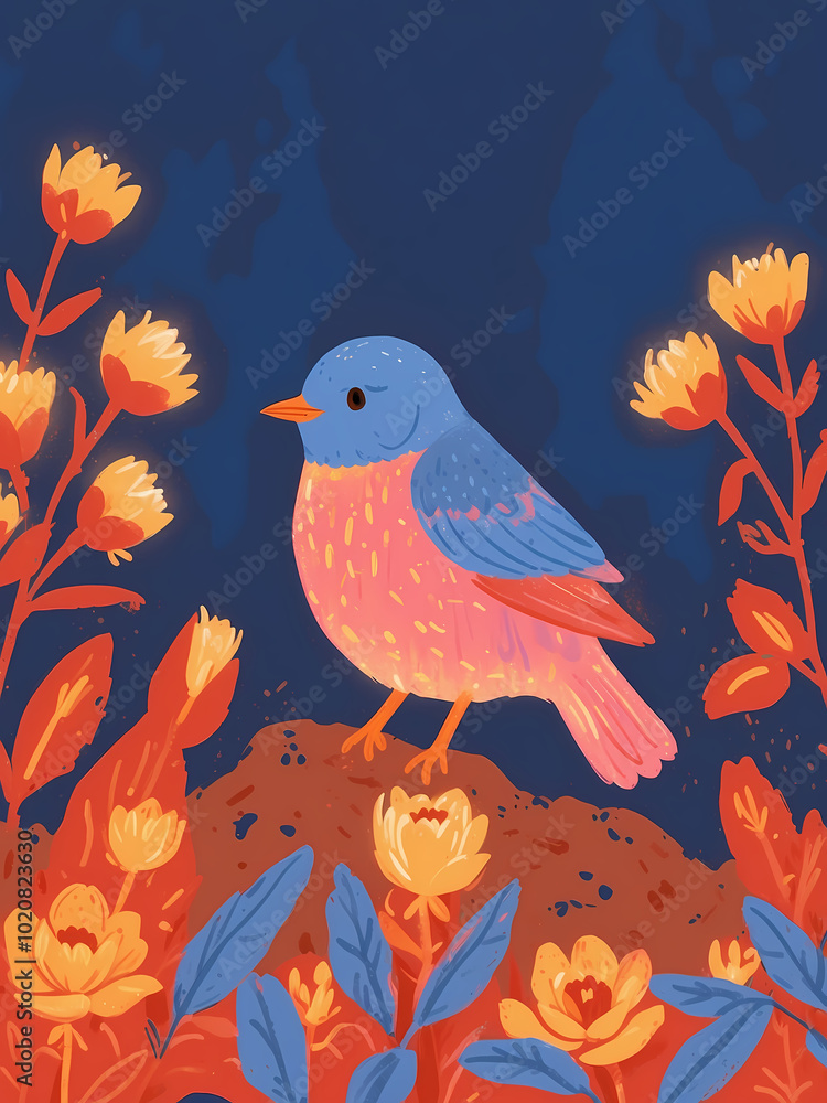 Fototapeta premium Folk-Style Bluebird Illustration with Vibrant Flowers on Branch