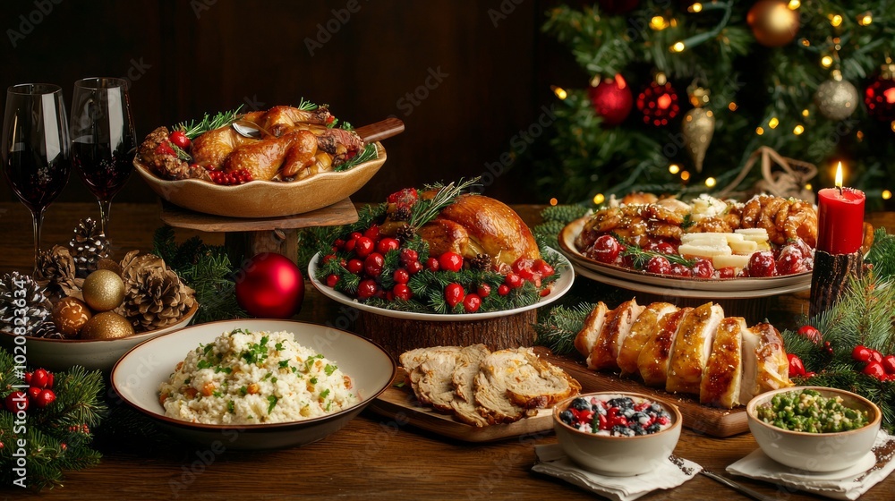 Christmas dinner table with traditional roast turkey and side dishes Christmas dinner table with traditional roast turkey and side dishes