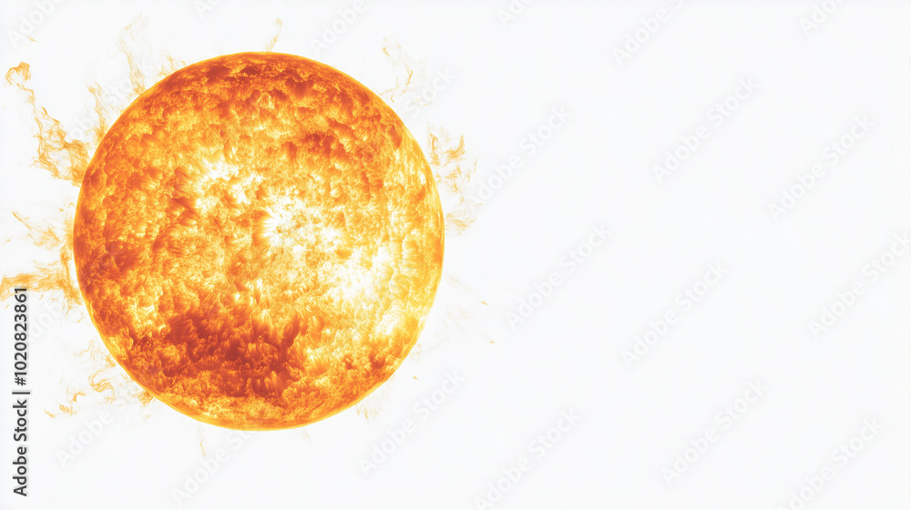 A scientific illustration of the Sun showcasing its surface and plasma flares against a white background A scientific illustration of the Sun showcasing its surface and plasma flares against a white background
