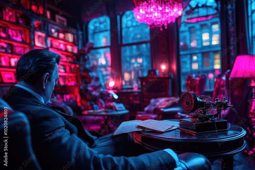 A thoughtful man reads documents in a luxurious library bathed in pink lighting, surrounded by books and art, creating an atmosphere of intellectual calm and vintage charm. A thoughtful man reads documents in a luxurious library bathed in pink lighting, surrounded by books and art, creating an atmosphere of intellectual calm and vintage charm.