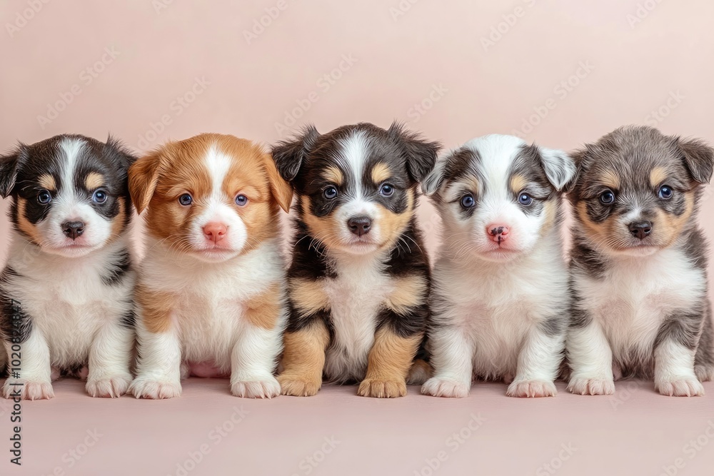 Five adorable puppies sitting in a row on a pink background Five adorable puppies sitting in a row on a pink background
