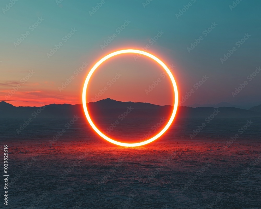 A glowing circular light against a scenic sunset backdrop. A glowing circular light against a scenic sunset backdrop.