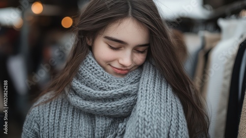 Wallpaper Mural Young Woman in Cozy Sweater Looking Down Torontodigital.ca