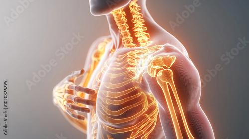 This illustration showcases the human anatomy focusing on the skeleton with a glowing effect, highlighting the shoulder and torso. Ideal for educational use.