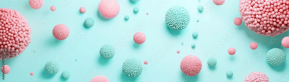 Colorful microscopic spheres on a turquoise background representing bacteria or cells. Colorful microscopic spheres on a turquoise background representing bacteria or cells.