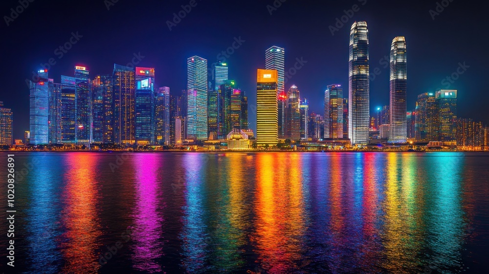 Illuminated Skyscrapers Reflecting in Water at Night Illuminated Skyscrapers Reflecting in Water at Night