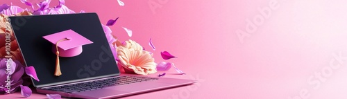 Laptop with graduation cap and flowers on a pink background