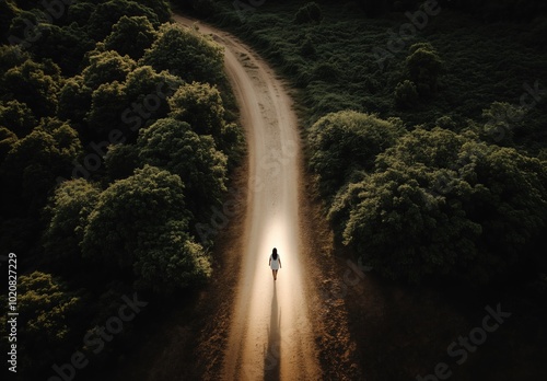A woman is walking down a dirt road. The road is surrounded by trees