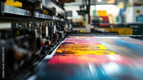 Wallpaper Mural Offset printing machine in action. This photo depicts the process of printing with colorful ink, which is perfect for illustrating the production of posters, brochures, and other printed materials. Torontodigital.ca