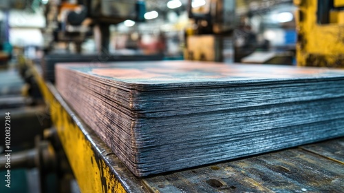 Stack of metal sheets in a factory. The image is ideal for illustrating concepts related to manufacturing, industry, or metalworking.