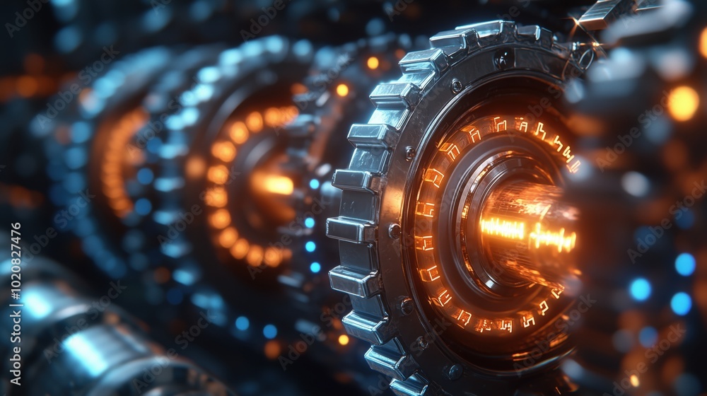 Fototapeta premium Close-up of glowing mechanical gears with blue and orange lights, showcasing high-tech precision engineering in a futuristic industrial setting.