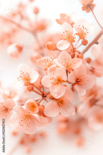 Soft pink cherry blossoms bloom gracefully, their vibrant petals contrasting against a clean white backdrop, symbolizing the fleeting beauty of spring and natures artistry