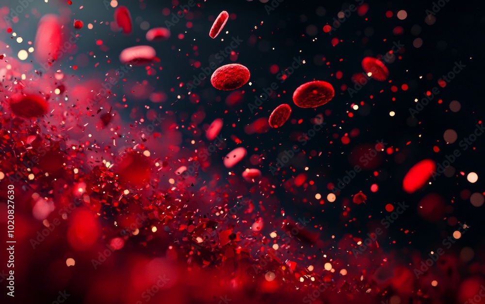 Red blood cells in motion, dark background with sparkling effects. Red blood cells in motion, dark background with sparkling effects.