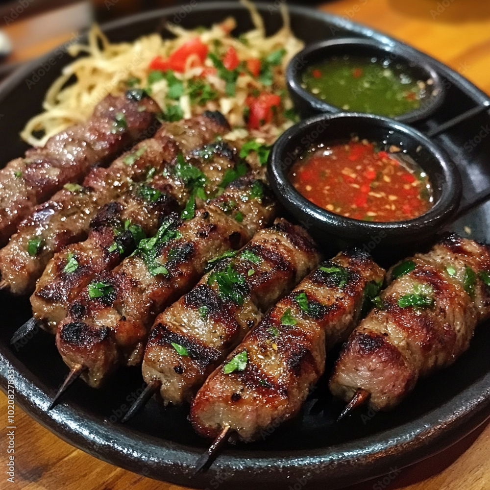 Savor deliciousness of grilled pork skewers served on sizzling plate, accompanied by vibrant dipping sauces and fresh salad. This dish is perfect for food lovers! Savor deliciousness of grilled pork skewers served on sizzling plate, accompanied by vibrant dipping sauces and fresh salad. This dish is perfect for food lovers!
