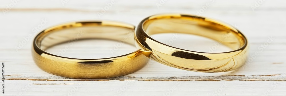 Two elegant gold wedding bands intertwined on a rustic wooden background. Two elegant gold wedding bands intertwined on a rustic wooden background.