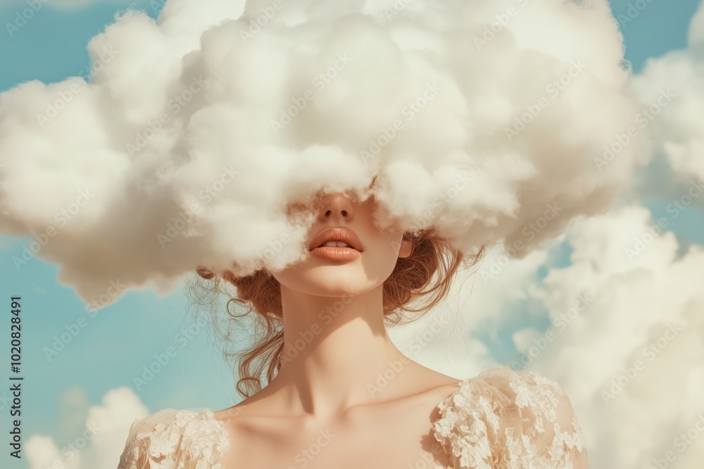 A woman with a cloud on her head. She is wearing a white dress A woman with a cloud on her head. She is wearing a white dress
