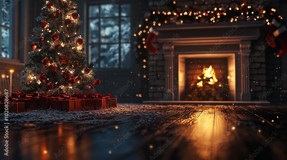 Festive room with decorated Christmas tree and presents. Festive room with decorated Christmas tree and presents.