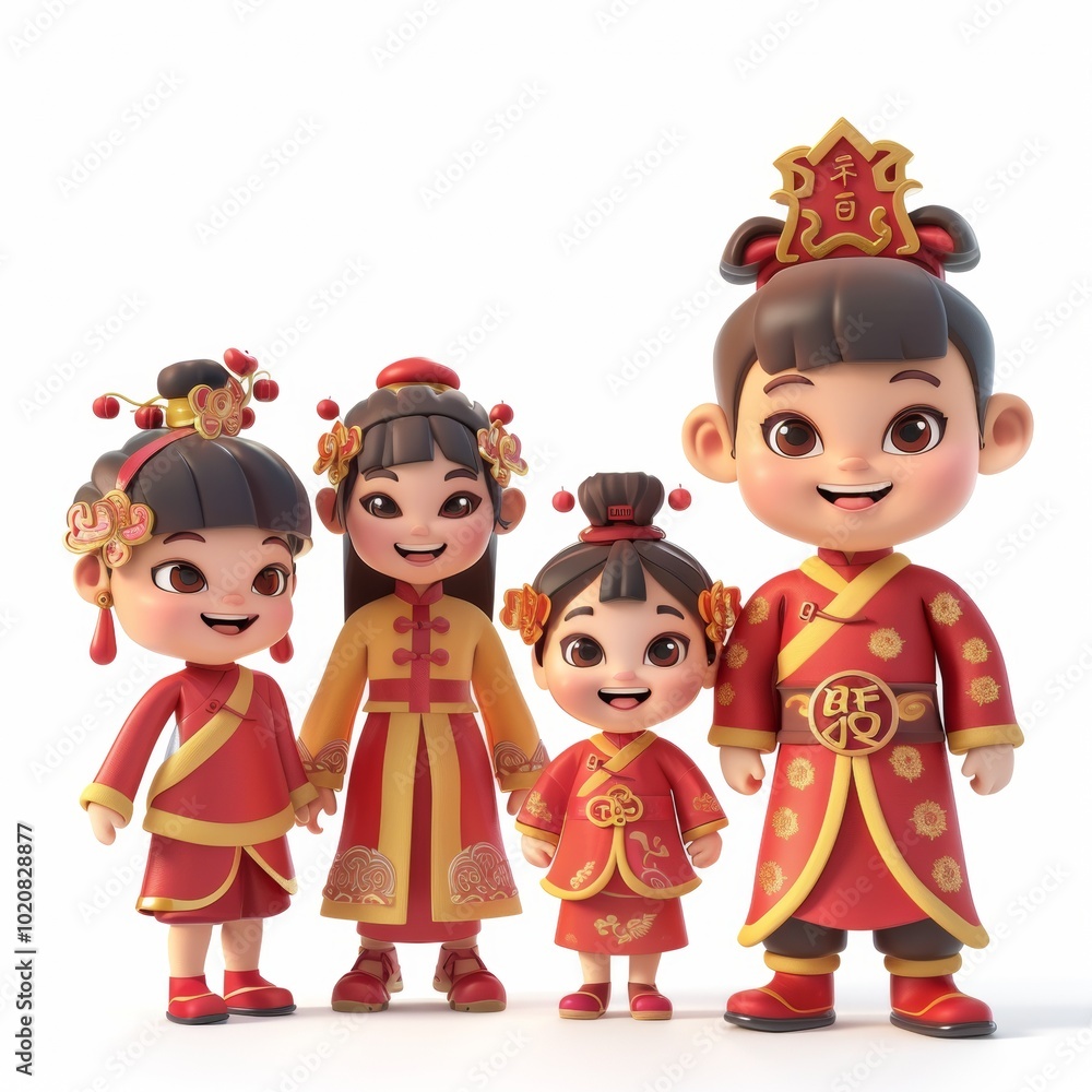 Cute cartoon boys and girls wearing Chinese New Year costumes with sweet smiles. Chinese new year celebration concept isolated in white background. 3d rendering Cute cartoon boys and girls wearing Chinese New Year costumes with sweet smiles. Chinese new year celebration concept isolated in white background. 3d rendering