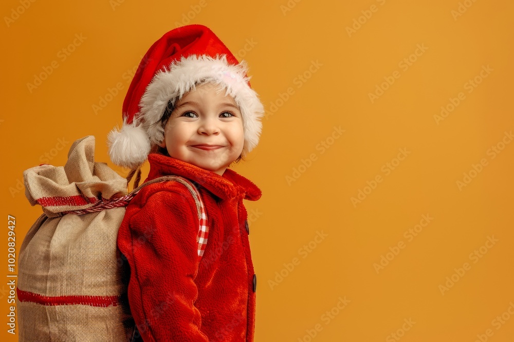 Cute child in Santa Claus coat with Sack of toys and kafo on color background. Space for text Cute child in Santa Claus coat with Sack of toys and kafo on color background. Space for text