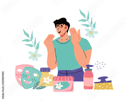 Men skincare and beauty routine, flat vector illustration isolated on white. Man applying cosmetic products for skin perfection and hygiene.