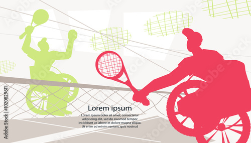 Wheelchair tennis banner or poster design for championship of athletes with disability flat cartoon vector illustration. Inclusion and sport concept for people with disability and paralympic athletes.