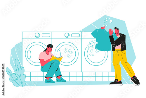 People washing and drying clothes in a self-service laundromat, flat cartoon vector illustration isolated on white background. People doing laundry.