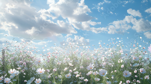 flowers bloom vibrantly in spring meadow panorama ,Beautiful green grass with blue sky in the background