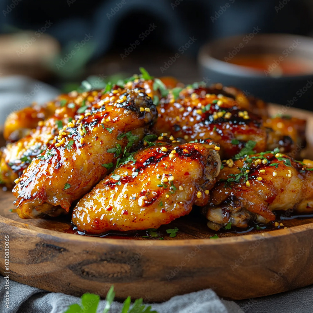 Delicious grilled chicken wings marinated in sweet and spicy sauce, garnished with herbs, served on wooden plate. Perfect for gatherings and celebrations! Delicious grilled chicken wings marinated in sweet and spicy sauce, garnished with herbs, served on wooden plate. Perfect for gatherings and celebrations!