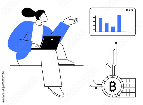 A woman sits holding a laptop and gestures toward a cryptocurrency chart and Bitcoin symbol. Ideal for themes about blockchain technology, digital finance, investment, data analysis