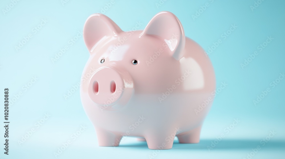 A pink piggy bank sits on a blue background A pink piggy bank sits on a blue background