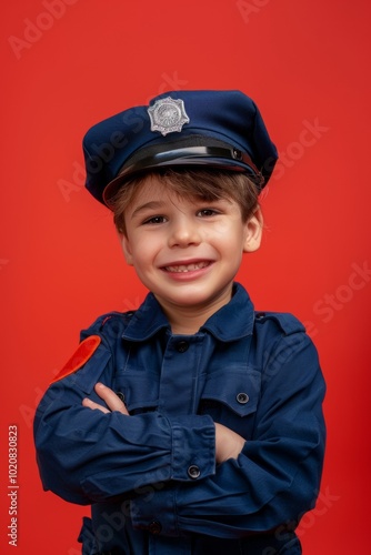 Cute child in the police profession with his police hat on a color background. Space for text