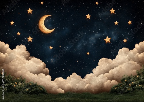 A painting of a night sky with a large moon and many stars. The stars are scattered throughout the sky and some are grouped together