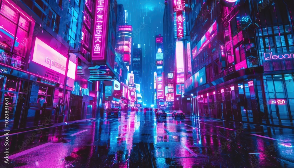 Obraz premium Neon-Lit City Street Bathed in Rain
