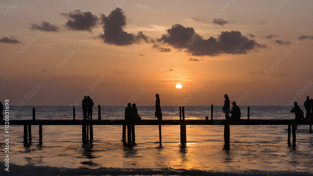 Silhouettes of people and the pier. Happy Lifestyle Concept. AI generated image, ai. Silhouettes of people and the pier. Happy Lifestyle Concept. AI generated image, ai.