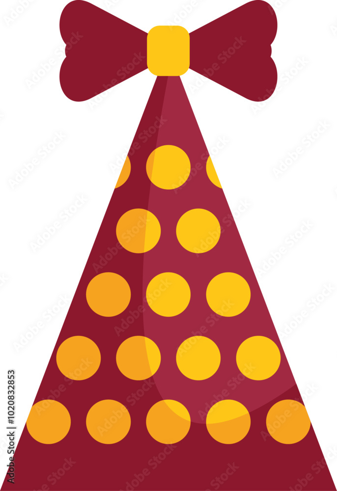 Red party hat with yellow polka dots and a bow, celebrating a birthday or special occasion Red party hat with yellow polka dots and a bow, celebrating a birthday or special occasion