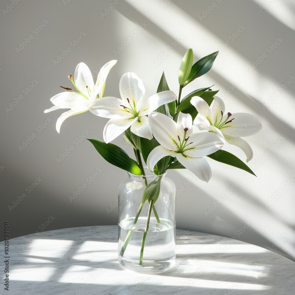 Elegant white lilies in a glass vase with soft light and shadows on a marble surface. Elegant white lilies in a glass vase with soft light and shadows on a marble surface.
