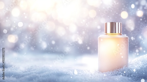 Glowing Winter Moisturizer Bottle Wrapped in Frosty Light, Floating in a Cloud of Soft Snow
