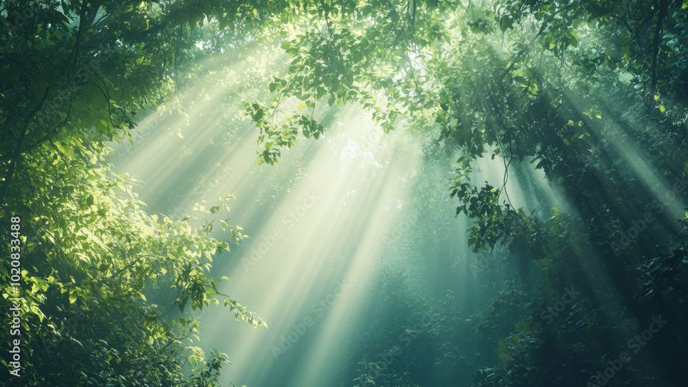 Sun Rays Through Forest Canopy Creating a Mystical Atmosphere Sun Rays Through Forest Canopy Creating a Mystical Atmosphere