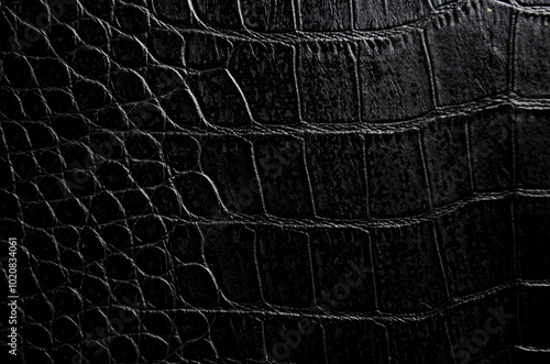 Close up of black crocodile skin artificial leather with customizable space for text or for mockup