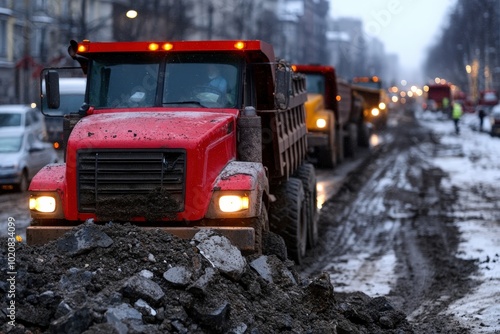 A fleet of red dump trucks, lined up on a snowy urban road, are diligently working to transport materials as part of an ongoing city infrastructure repair project.