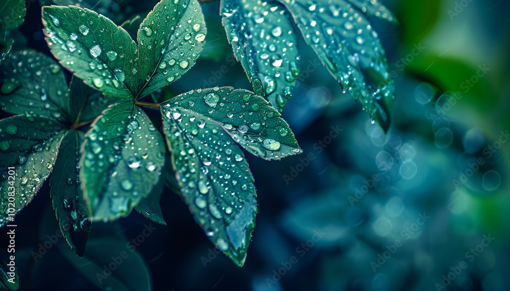 Beautiful details of nature. Morning dew drops on fresh green leaf. Summer nature macro pattern, fresh rain drops on green leaf. Peaceful tranquil ecology Beauty in nature. Relaxing soft blue green Beautiful details of nature. Morning dew drops on fresh green leaf. Summer nature macro pattern, fresh rain drops on green leaf. Peaceful tranquil ecology Beauty in nature. Relaxing soft blue green