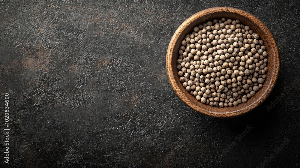 Wooden bowl filled with white pepper on a dark textured background Wooden bowl filled with white pepper on a dark textured background