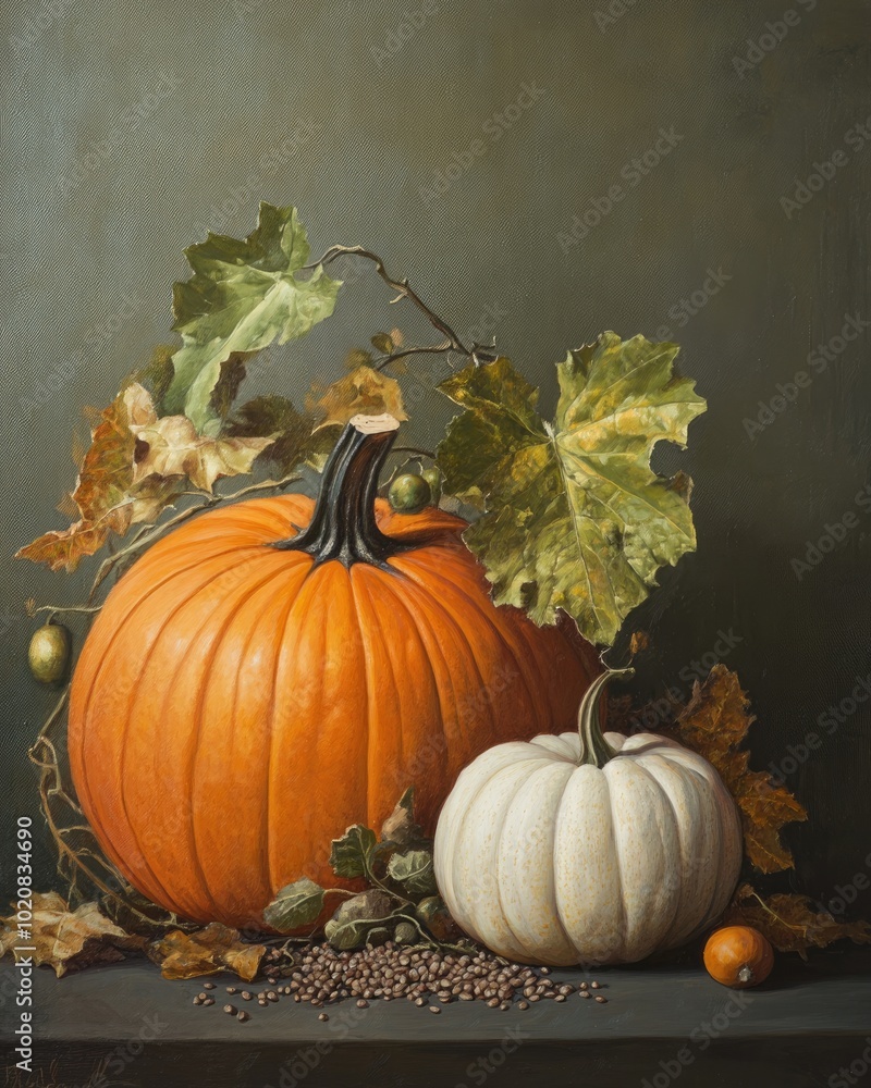 Pumpkin and Squash Still Life with Seeds and Leaves on Neutral Background Pumpkin and Squash Still Life with Seeds and Leaves on Neutral Background