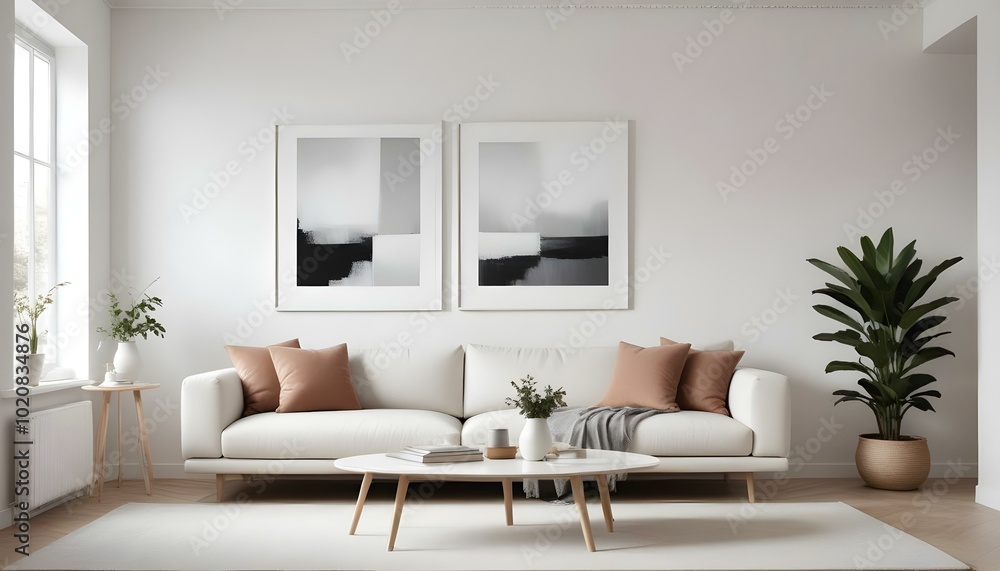 White contemporary living room interior design with artwork on walls White contemporary living room interior design with artwork on walls