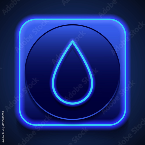 Water drop simple icon vector. Flat design. Blue neon style on button. With shadow