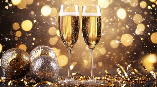 Two champagne glasses with festive golden holiday decorations photo