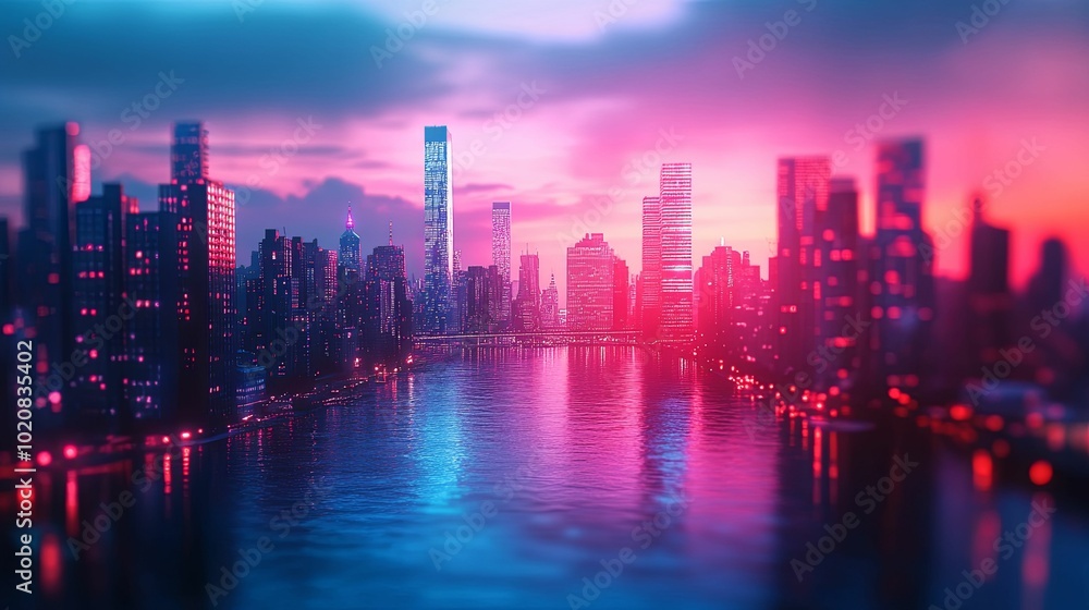 Fototapeta premium Neon Cityscape at Dusk with a River Reflecting Pink and Blue Lights