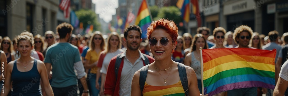 A woman is holding a rainbow flag in a crowd of people. There are many people in the crowd, some of them are wearing sunglasses A woman is holding a rainbow flag in a crowd of people. There are many people in the crowd, some of them are wearing sunglasses