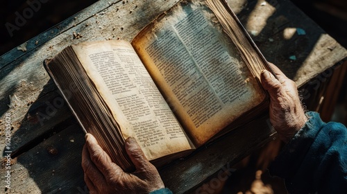 Elderly Hands Holding Open an Antique Book photo