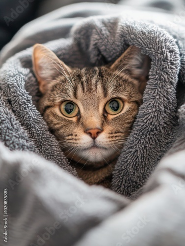 A cozy tabby cat wrapped snugly in a soft gray blanket, looking curiously at the camera. photo